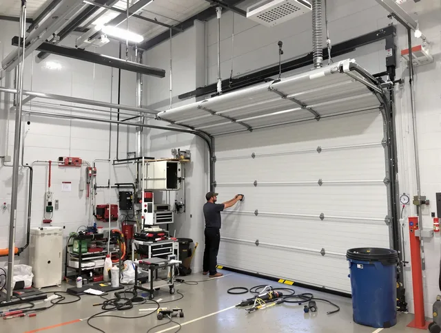 Raynham Garage Door Repair certified technician performing commercial door repair at a Raynham business facility