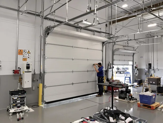 Commercial garage door repair being performed by Raynham Garage Door Repair expert in Raynham