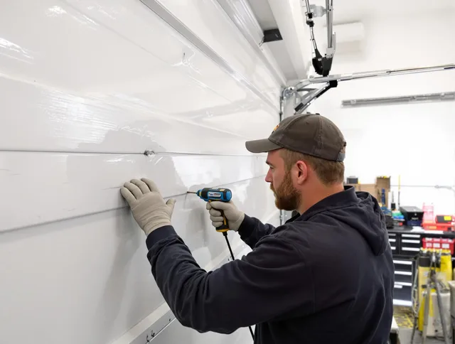 Raynham Garage Door Repair technician demonstrating precision dent removal techniques on a Raynham garage door