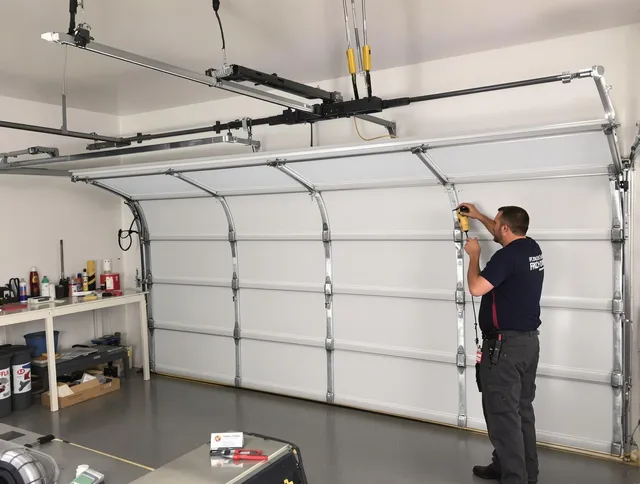 Raynham Garage Door Repair certified technician performing overhead door system repair in Raynham
