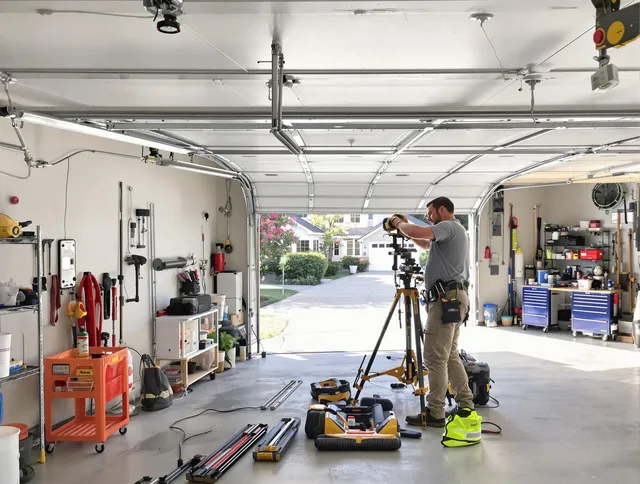 Raynham Garage Door Repair specialist performing laser-guided track alignment in Raynham